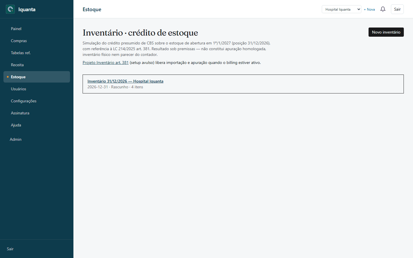 Área de estoque do Iquanta para crédito presumido de CBS (art. 381)